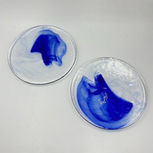 2 Bormioli Rocco Murano Cobalt Blue Swirl Clear Glass Salad Plates 8" Vintage - Picture 2 of 5